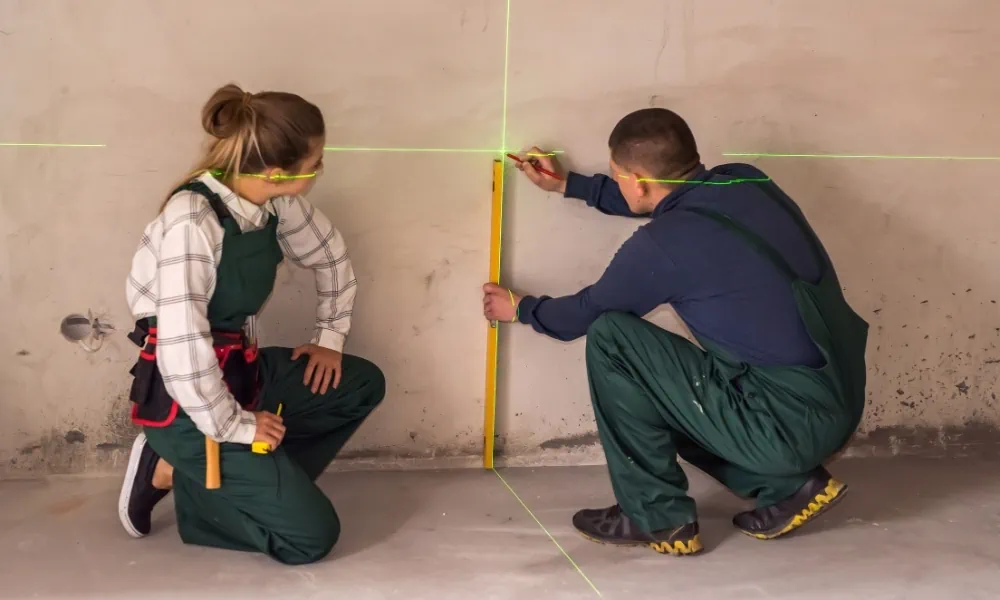 Marking spots with a pencil on laser level beam