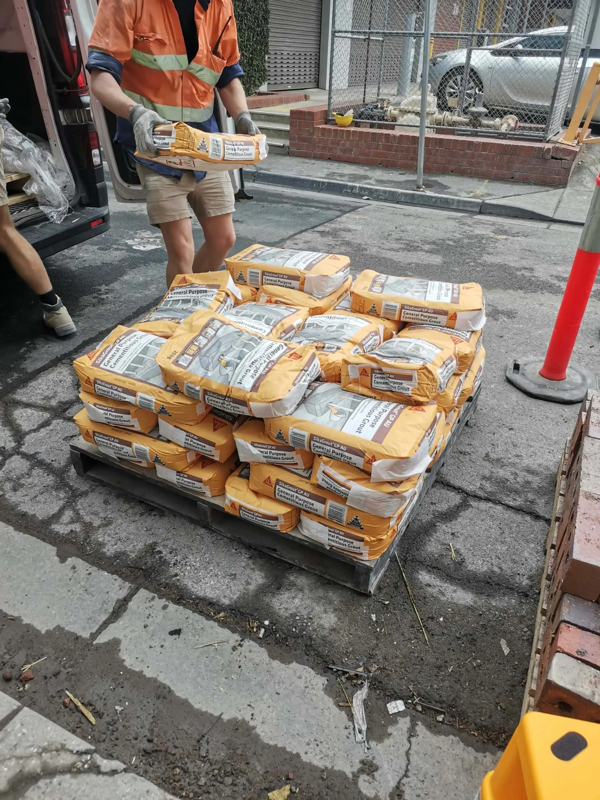 Concrete bags piled on a pallet